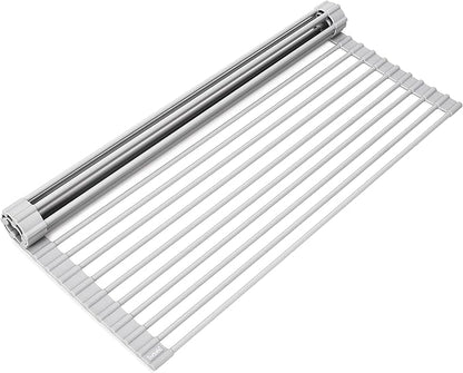 Surpahs Over Sink Foldable Multipurpose Roll-Up Dish Drying Rack, Silicone Wrapped Stainless Steel, Warm Gray, 20.5" x 15.5"