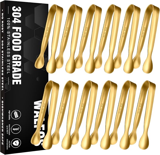 Walfos Small Gold Tongs For Serving,Food Grade Stainless Steel 4" Mini Tongs Appetizers for Parties Catering, Sugar，Desserts，Tea Party, Coffee Bar, Set of 12 （Gold）
