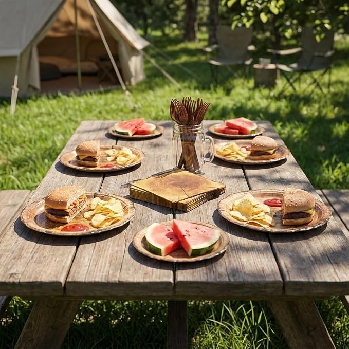 100 Pcs Disposable Rustic Wood Grain Slice Tableware Set