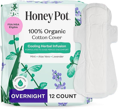 The Honey Pot Company - Herbal Pads for Women - Overnight w/Wings - Infused w/Essential Oils for Cooling Effect & Organic Cotton Cover - Feminine Care - 12 ct
