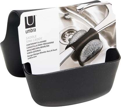 Umbra Saddle Sink Caddy – Flexible Rubber Organizer for Double Kitchen Sink, Storage for Dish Sponge, Scouring Pads and More, Black (330210-040)