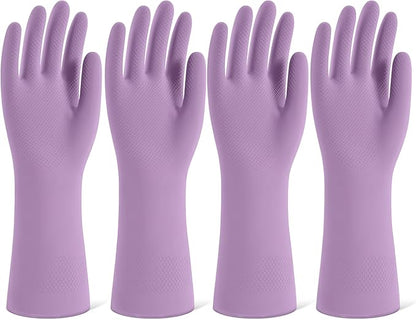 Rubber Cleaning Gloves for Dishwashing, 4 Pairs Reusable Kitchen Gloves for Washing Dishes and Household Cleaning, Purple Dish Gloves with Flocked Lining and Non-Slip Grip, Pefect for Woman Men - L