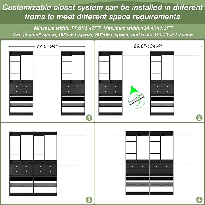 Closet System, Up to 134"/11.2 FT Closet Organizer with 4 Wooden Drawers and Shelves, Walk-in Closet System with 6 Hanging Rods, Built-in Closet Can Fit 96"/8FT, 120"/10FT, Black