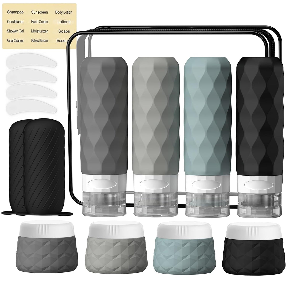 16Pack Travel Bottles for Toiletries, TSA Approved Travel Size Toiletries Containers Set, Silicone Leak Proof Refillable Bottles Elastic Sleeves Creams Jars Accessories Kit W/Clear Bag (Gray)