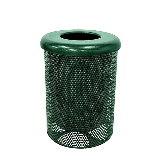 COATEDOUTDOORFURNITURE RFT-P-GRN Heavy Duty Round Trash Receptacle with Flat Top, Liner Included, 32 Gallon, Green, Made in America