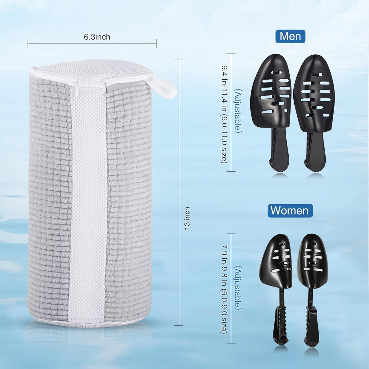 Shoe Laundry Bags for Washing Machine, 2024 New Reusable Laundry Shoe Bag for Washer and Dryer, Fluffy Fibers 360° Wrap-Around Cleaning, 2 Pairs Adjustable Shoe Trees for All Shoes, ‎Gray