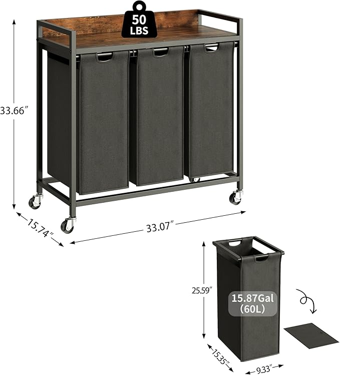 Laundry Hamper with Shelf, Laundry Basket 3 Section, Laundry Sorter with Pull-Out Removable Large Bags and Movable Wheels, Metal Frame, 3 x 15.87 Gallons (60L), Rustic Brown + Blck PF04XLY