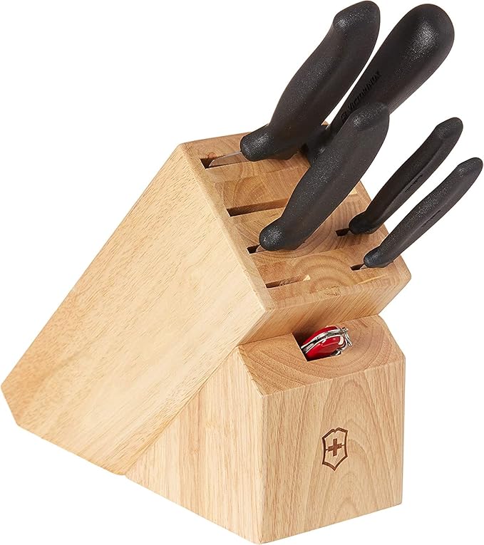 Victorinox Swiss Classic Knife Block - Kitchen Knife Set with Block for Home Essentials - Includes Chef's Knife, Bread Knife, Honing Steel & Pocket Knife - Black Handles, 7-Piece Set