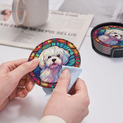 Maltese Stained Dog Breed Glass Art Leather Drinks Coasters