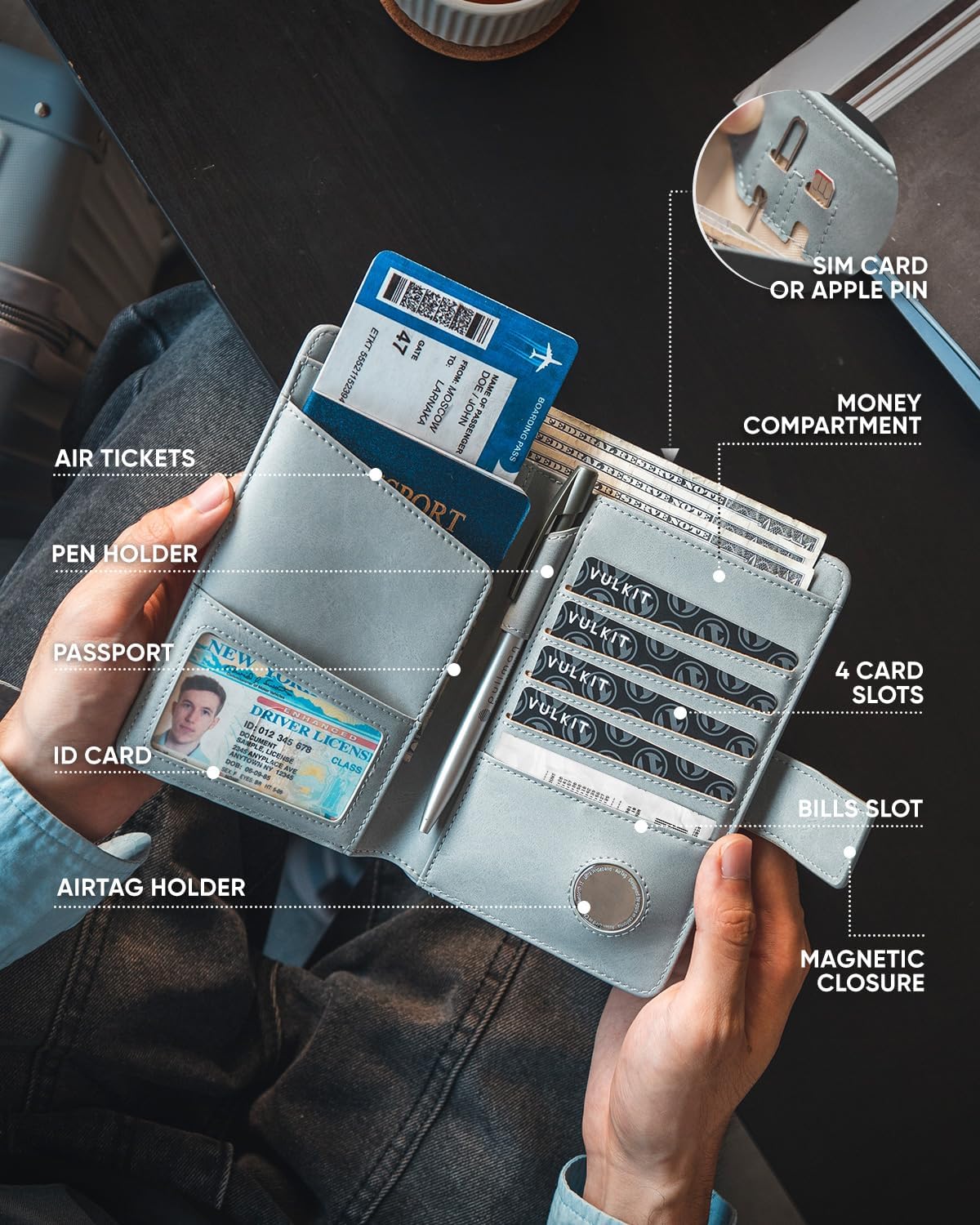 VULKIT Passport Holder with Airtag Holder RFID Blocking Passport Wallet Travel Leather Passport for Women(Blue)