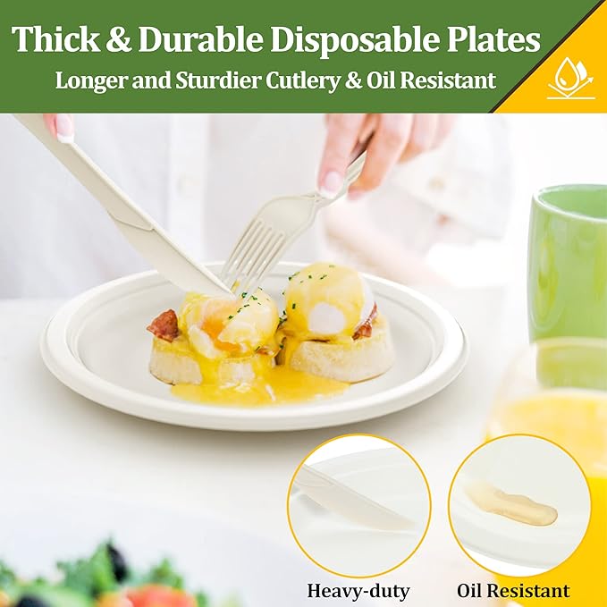 250PCS Disposable Paper Plates Set and Utensils, Compostable Dinnerware 9 and 7inch Plates, Biodegradable Paper Plates, Forks, Knives and Spoons for Party 50 People