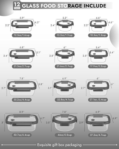 12-Pack Glass Containers with Tempered Lids – Borosilicate, Oven-Safe, Airtight, BPA-Free, Multi-Size for Meal Prep, Dishwasher Safe (Gray)