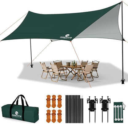 Camping Tarp with Poles & Retainer,15x12.5FT Large Waterproof 210D Oxford Cloth Camping Canopy, Anti-UV UPF100+ Tent Tarp Car Awning for Outdoor, Picnic, Hammock, Car, Backpacking (Green)