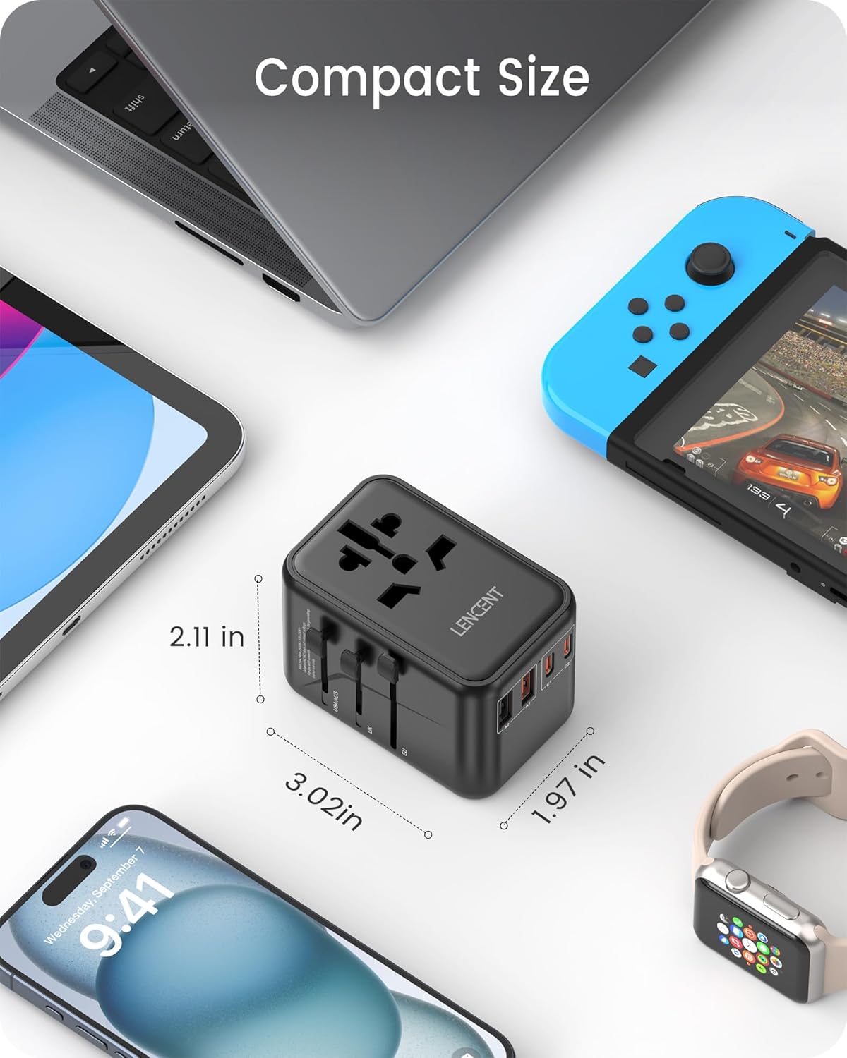 LENCENT Universal Travel Adapter, GaN3 65W International Charger with 2 QC4.0 USB-A+ 2 PD3.0 Type-C PPS Fast Charging, Worldwide European Outlet Adaptor for iPhone,Samsung,Laptops, USA/UK/EU/AUS