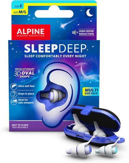 Alpine SleepDeep Multisize - Soft Ear Plugs for Sleeping and Concentration - New 3D Oval Shape and Noise Reducing Gel for Better Attenuation - 27dB - Ideal for Side Sleeper - 2-Pair Reusable: S + M/L