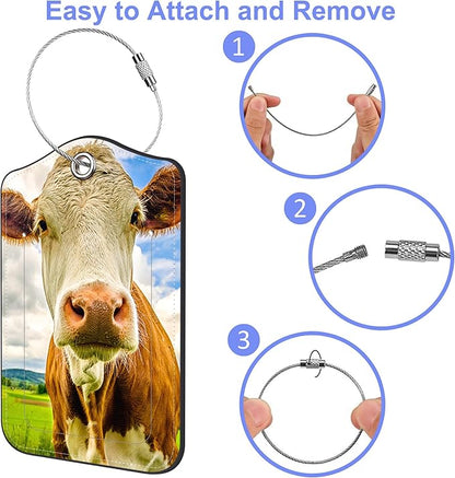 2 Pack Luggage Tag for Suitcase Funny Cow Leather Suitcase Tags with Identifiers Privacy Cover Name Address Labels and Stainless Steel Loop for Teens Adults, 4.6 x 2.7 inch