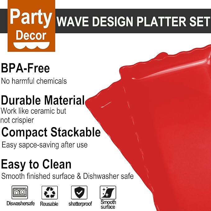 KAQAHIDO 17" x 8" x 1.5" Red Serving Tray Set, Wave Edge Melamine Platters for Cookie, Appetizer, Charcuterie, Snack, Dessert, Party Food Display, Stackable, Set of 2