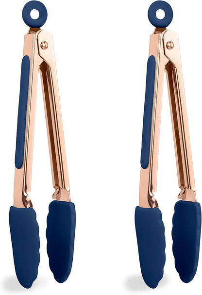 COOK WITH COLOR Stainless Steel Silicone Tipped Kitchen & BBQ Tongs Set, 2 Pc Mini Tongs, Blue