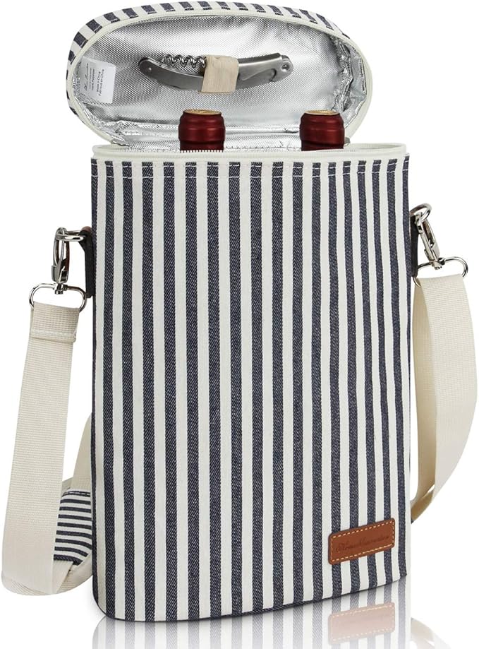 ZORMY 2 Bottle Wine Tote Carrier, Dark Blue, 750 mL Capacity, Polyester Material, With Shoulder Strap and Corkscrew