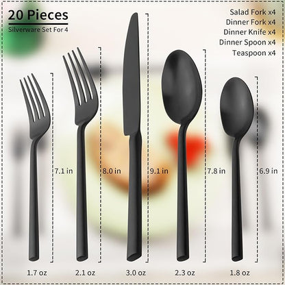 Alata Potter Black 20-Piece Forged Silverware Set, Service for 4 Stainless Steel Flatware Set, Modern Design with Satin Finish, Ideal for Home, Kitchen, Party, Camping