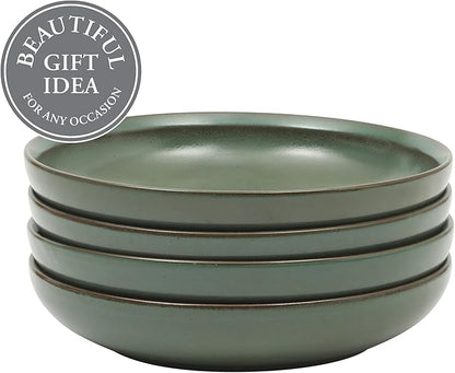 Gibson Elite Beckett 4-Piece 9 Inch Dinner Plate Bowl Set – Reactive Glaze Stoneware – Shallow Serving Pasta Bowls (Blate) – Wide-Rim Round Shape – Microwave & Dishwasher Safe - Green