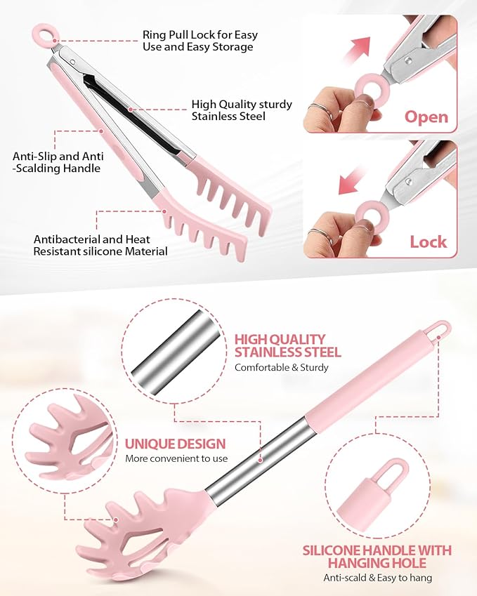 Spaghetti Spoon and Pasta Tong, Non-stick Silicone Spoon Server Fork With Teeth and Stainless Steel Handle, Food Clip for Noodles, Pink