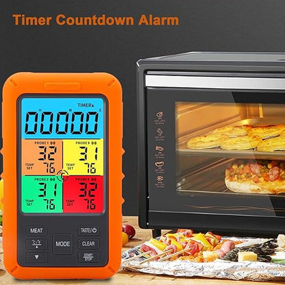 Color Screen Wireless Meat Thermometer for Grilling and Smoking, 4 Temperature Probes Food Thermometer for Outside Grill, BBQ Thermometer for Cooking Baking Turkey Fryer Smoker Acessories