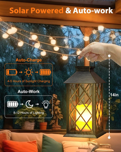 Otdair Solar Lanterns Outdoor Waterproof, 2 Pack 14" Solar Lantern with Glass Retro LED Flickering Flameless Candle,Lanterns Decorative Outdoor for Gift, Yard, Garden, Patio, Balcony,Porch, Party