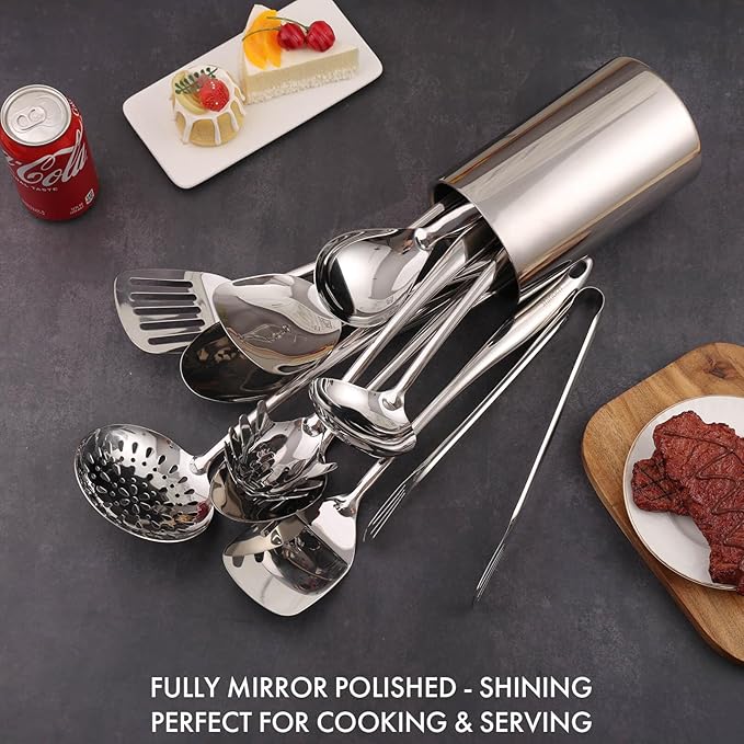 18/10 Stainless Steel Kitchen Utensils Set with Holder - 15″ Spatula Spoon Set with Storage Organizer for Countertop, Fork, Tongs, Spatula, Ladle, Skimmer, Turner, Spaghetti, Large Spoon Set of 12