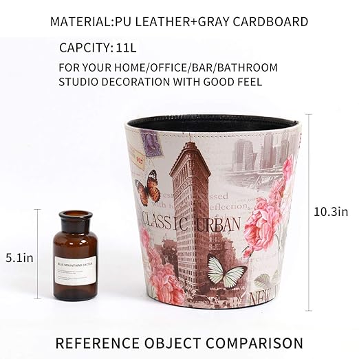 PU Leather Small Trash Can Wastebasket, Round Garbage Container Basket for Bathrooms, Laundry Room, Kitchens, Offices, Kids Rooms, Bedrooms,Dorms,Home Decorative Art Bin, 2.9 Gallon(Classic Urban)