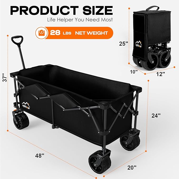 300L Extra Large Collapsible Foldable Wagon, 440lbs Load Capacity 48''L Extended Heavy Duty Folding Beach Wagon with Big All-Terrain Wheels, Utility Garden Cart for Outdoor Activities, Black
