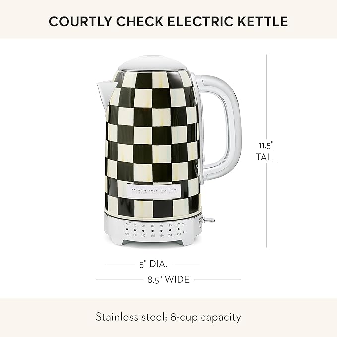 MACKENZIE-CHILDS Electric Kettle, Stainless-Steel Tea Kettle, Black-and-White Courtly Check