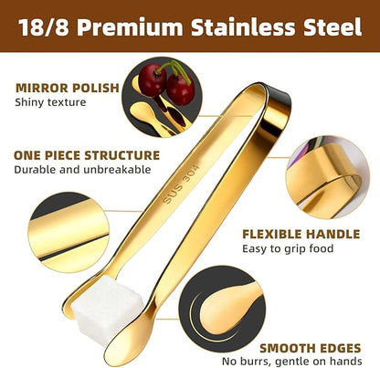 Pleafind 16 PCS Mini Serving Tongs - 4.3 inch, Food-Grade 18/8 Stainless Steel Mini Tongs, Mirror-polished Charcuterie Accessories for Coffee shops, tea party, bars, Sugar and Ice Bucket