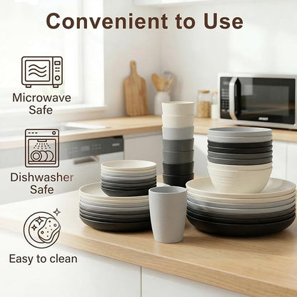 40 Piece Plates and Bowls Sets for 8, Unbreakable Wheat Straw Dinnerware Sets