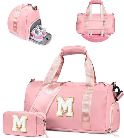 Gifts for 3 4 5 6 7 8 9 10 Year Old Girls-Girl Gym Bag with Shoe Compartment, Kid Personalized Weekender Dance Bags, Initial Travel Tote with Makeup Pouch, Gift Ideas for Kids (Letter M)
