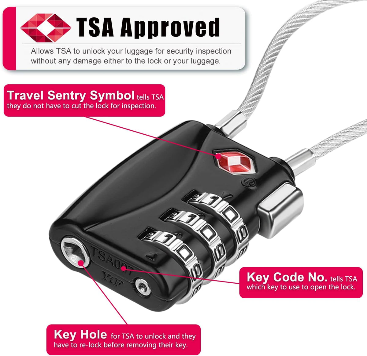 ZHEGE TSA Wire Lock 2 Pack Cable Luggage Lock with Alloy Body for Suitcase, Baggage, Backpack, Pistol Case (Black & Red)