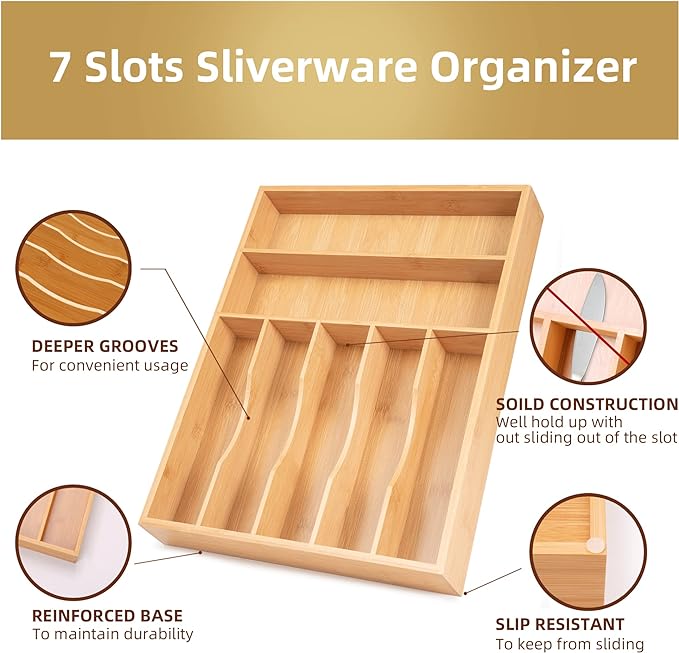 Silverware Organizer Kitchen Drawer Organizer Utensil Organizer Bamboo Silverware Holder Cutlery Organizer in Drawer Flatware Organizer Tray(7 slots, Natural