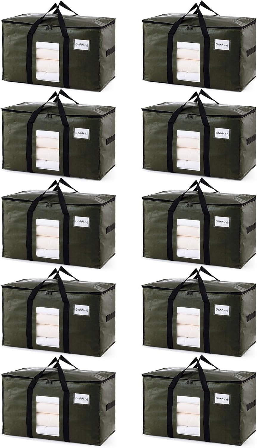 TAILI 10 Pack Green Extra Large Storage Bags, Heavy Duty Totes with Visible Window, Wrap Around Handles, Perfect for Moving