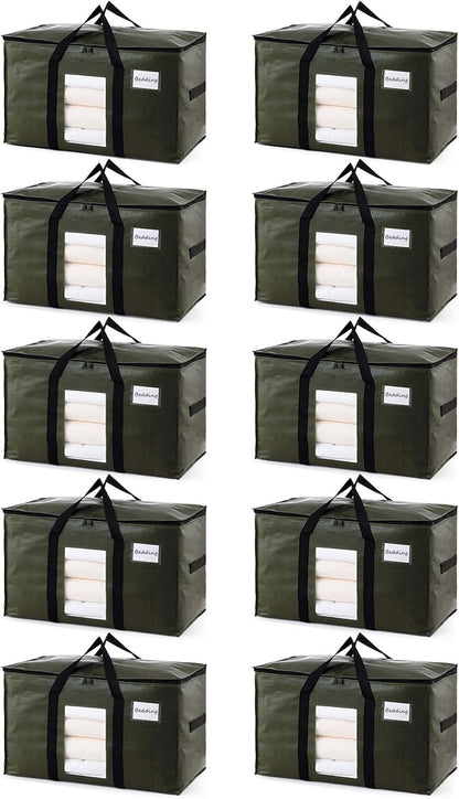 TAILI 10 Pack Green Extra Large Storage Bags, Heavy Duty Totes with Visible Window, Wrap Around Handles, Perfect for Moving