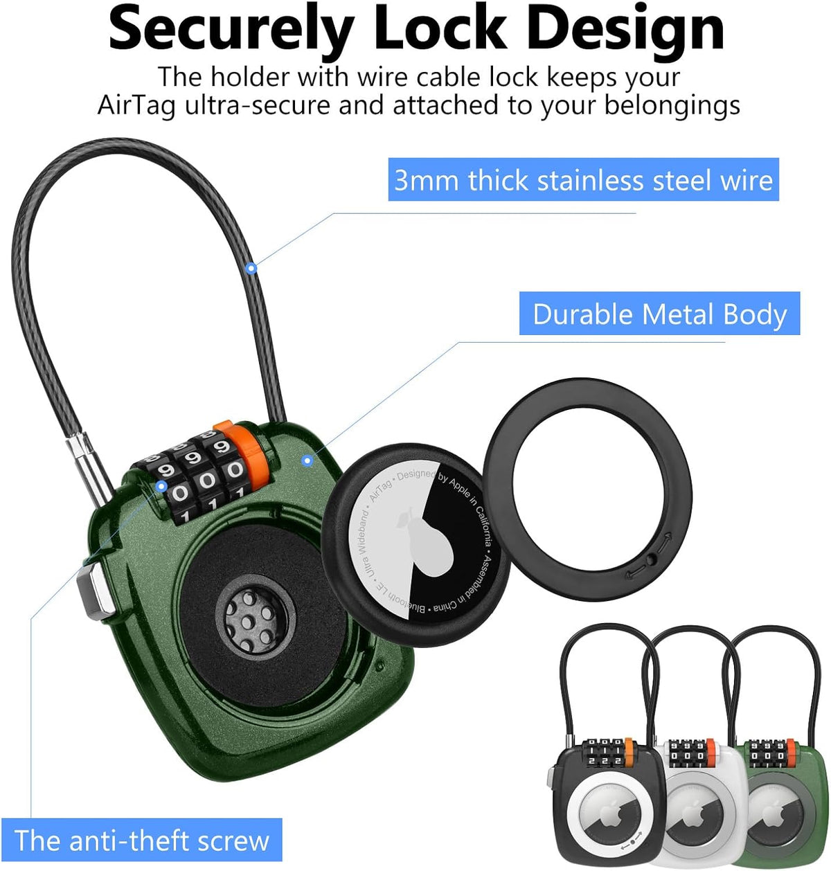 Compatible with Apple AirTag Secure Lock with Wire Cable, 3-Digit Combination Luggage Locks, Alloy Body Ultra Durable Anti-Lost Protective Case for Luggage, Bags, Suitcase, and Backpacks (GREEN)