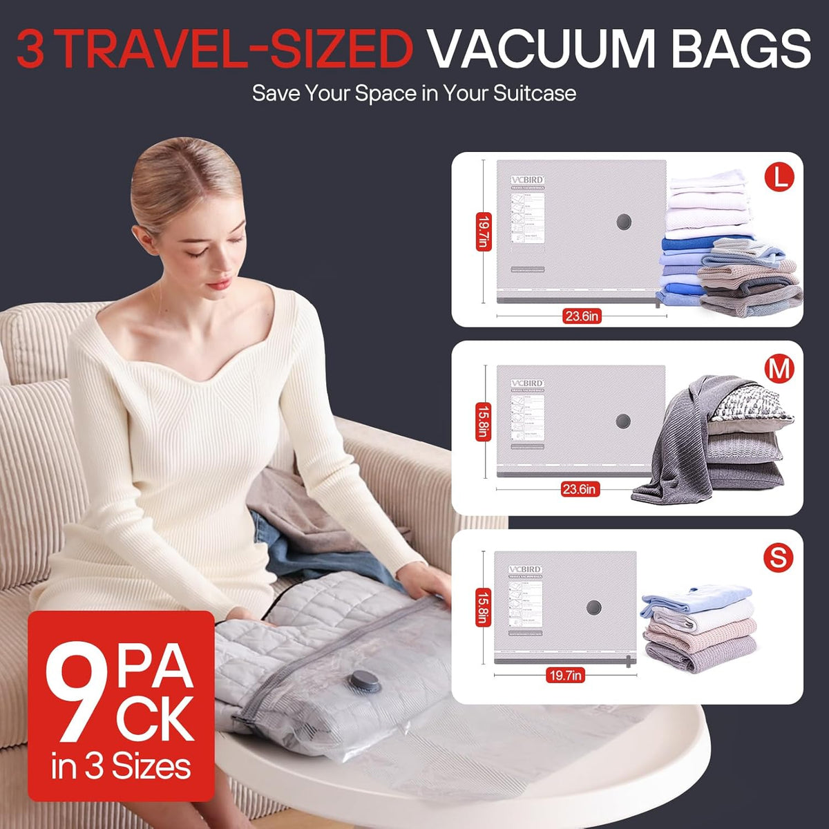 VMstr 9 Pack Vacuum Storage Bags for Travel, Carry-on Size Space Saver Bags for Luggage Clothes and Clothing Compression Packing, High Pressure Electric Pump(D/C Power)