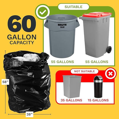 ToughBag 55 Gallon Trash Bags Heavy Duty (100 Count) - 50-60 Gallon Black Garbage Bags, Large Trash Bags - 38 x 58" - Made in USA