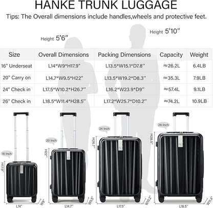 Hanke 24 Inch Checked Luggage PC Hard Shell Suitcases for Travel Front Opening Aluminum Frame Travel Luggage Rolling Suitcase with Wheels.(Jet Black)