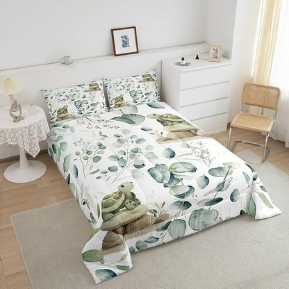 Erosebridal Kawaii Turtle Full Bedding Sets for Boys Girls Cartoon Animal Comforter Set, Eucalyptus Leaves Bedding Comforter Sets Marine Wildlife Duvet Insert, Tropical Botanical Plants Down Comforter