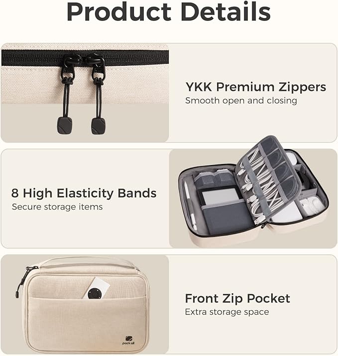 pack all Electronic Organizer Plus, Larger Capcity Cable Organizer Bag, Shockproof Carrying Case, Portable Cord Travel Organizer Storage Bag for Cables, Chargers, Phones, USB, SD Cards(Beige)