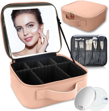 Makeup Bag with Led Mirror,Travel Makeup Organizer with 3 Color Setting & 10X Magnifying Mirror, Portable Storage and Adjustable Dividers Travel Makeup Bag-khaki