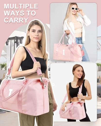 Initial Travel Duffel Bag Sports Gym Bag for Girls Teen Birthday Gifts,Pink Personalized Weekender Bag Carry On Tote Bags for Women Men,Waterproof Overnight Luggage Bag with Trolley Sleeve(Letter I)
