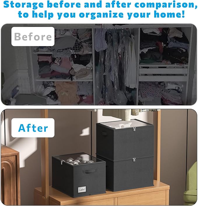 2 Pack Shoe Organizer for Closet - Shoe Storage Bins with Clear Cover, Fabric Shoe Storage Containers with Reinforced Handles, Fits up to 24 Pairs (Black, 16.5 * 12.6 * 12.2in)