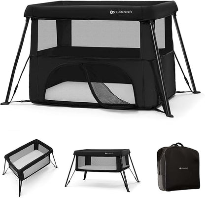 Kinderkraft CAMI 3-in-1 Baby Bed, Travel Bed for Baby, from Birth to 3 Years, Baby cot, Travel cot, Easy to Fold Compactly, Travel Bag Included, Two Levels, Black