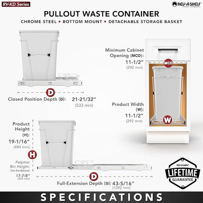 Rev-A-Shelf Pullout Trash Can for Under Kitchen Cabinets 35 Qt Garbage Waste Recyling Bin with Full Extension Slides, Blue, RV-12KD-22C-S